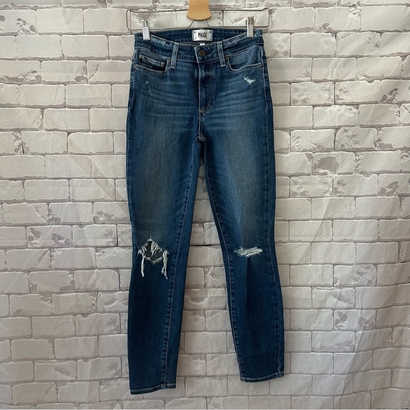 PAIGE Denim - PAIGE High Rise Distressed Dark Blue Jeans